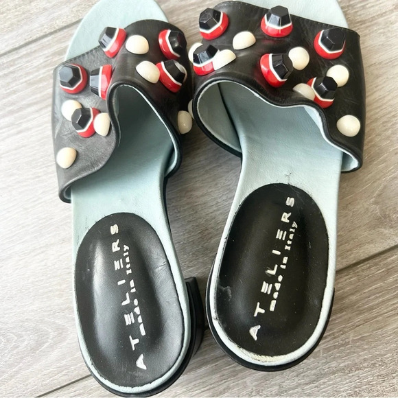 Ateliers Black Leather Studded  Heeled Slide Sandal - Picture 10 of 11